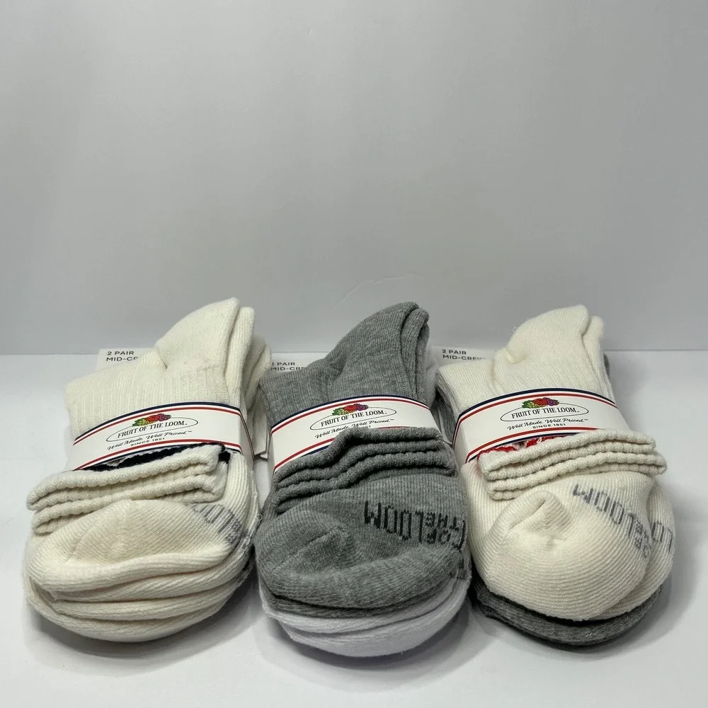 Fruit of the Loom Mens 6 Pair Mid-Crew Socks Varsity Stripe Grey White FRM90001M
